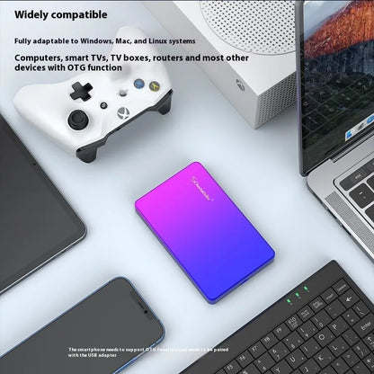 Purple 1TB external mobile hard drive, plastic shell, 12cm x 7.5cm x 1cm, with data cable and packing box