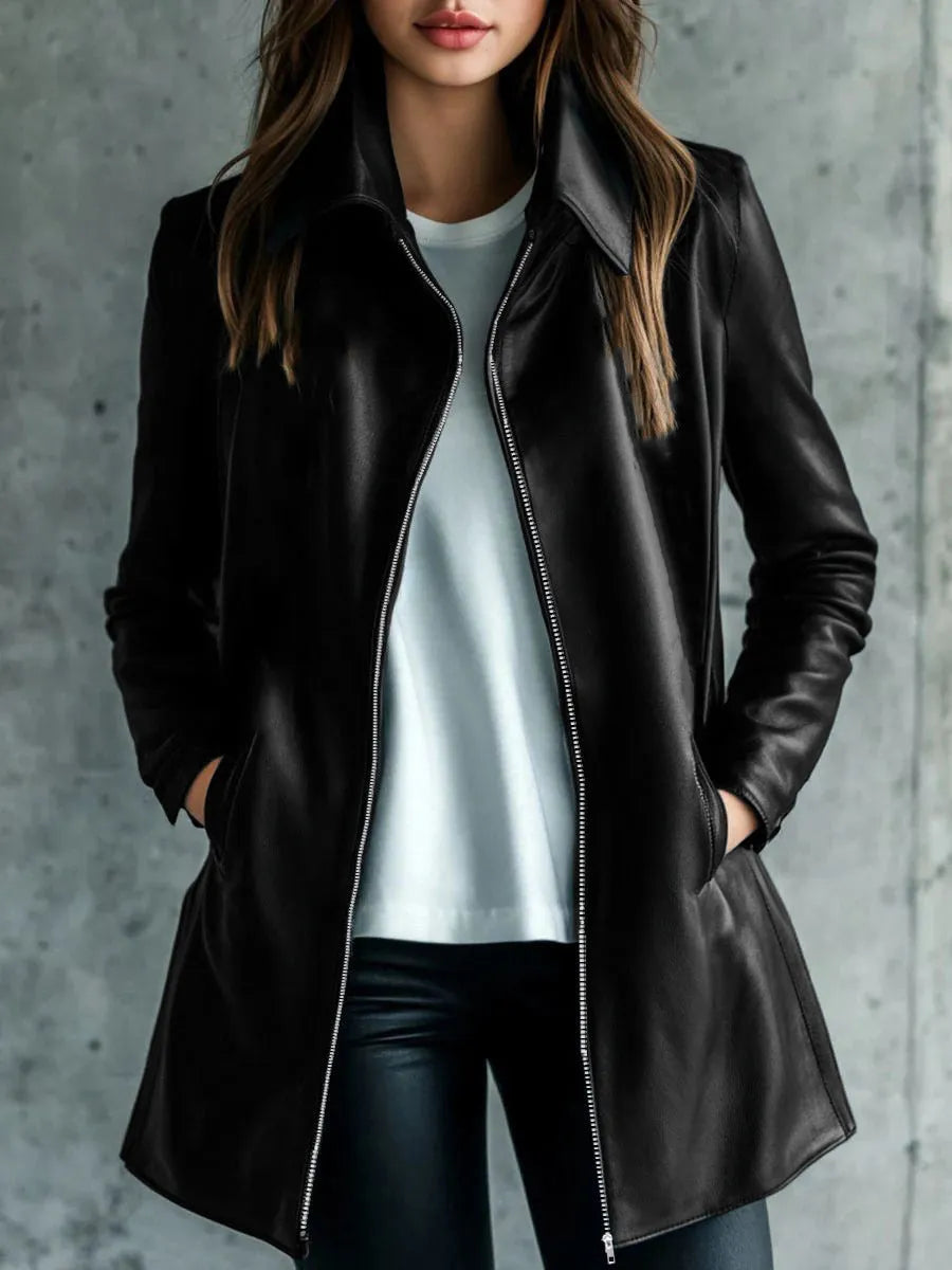 Women's black leather-style jacket with medium 65cm length and long sleeves