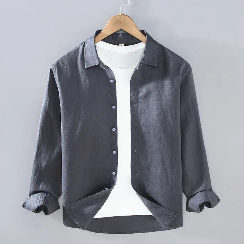 Pure linen men's cardigan shirt in a solid colour with long sleeves.