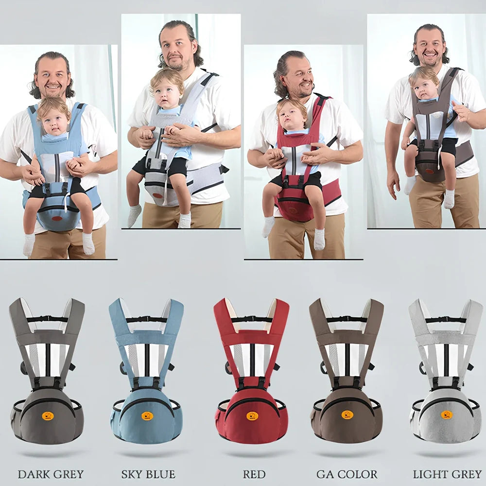 Waist stool baby carrier with 25cm seat supporting toddler, showing hip strap adjustment and weight distribution