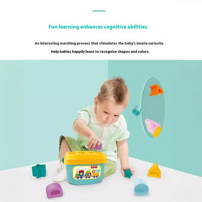 Six-sided plastic cube with shape matching slots for children's educational development