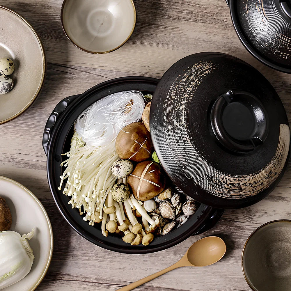 Korean ceramic stew pot with air hole lid showing 8cm depth and gas stove compatible base