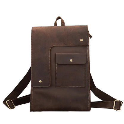 Dark brown genuine leather men's retro-style travel bag with shoulder straps and an external pocket.