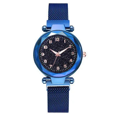Luminous starry sky quartz watch with 20.5mm round dial, alloy strap, and stainless steel watch-bottom in five colours