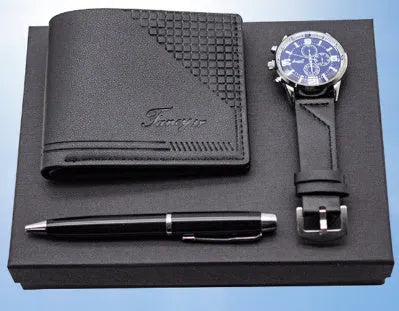 Creative Holiday Gift Wallet Pen Watch Set in brown and black options with OPP packaging