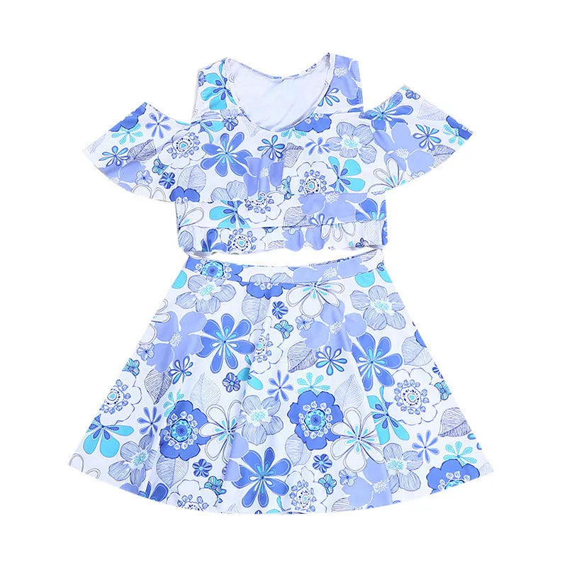 Women's floral blue one-piece swimsuit with fresh small floral pattern on polyester fabric