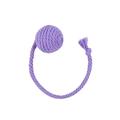 Interactive cat toy ball with bell and rope in green, pink, purple or yellow colours, shown in 3cm and 6cm sizes