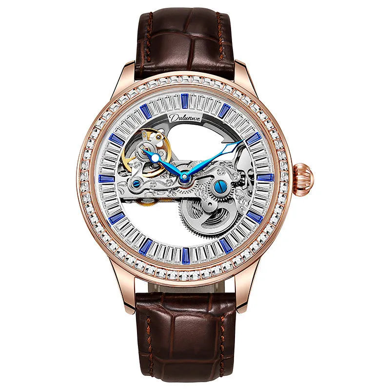 Luxury zircon men's mechanical watch with 12mm case, mineral glass, and onion head crown on wrist