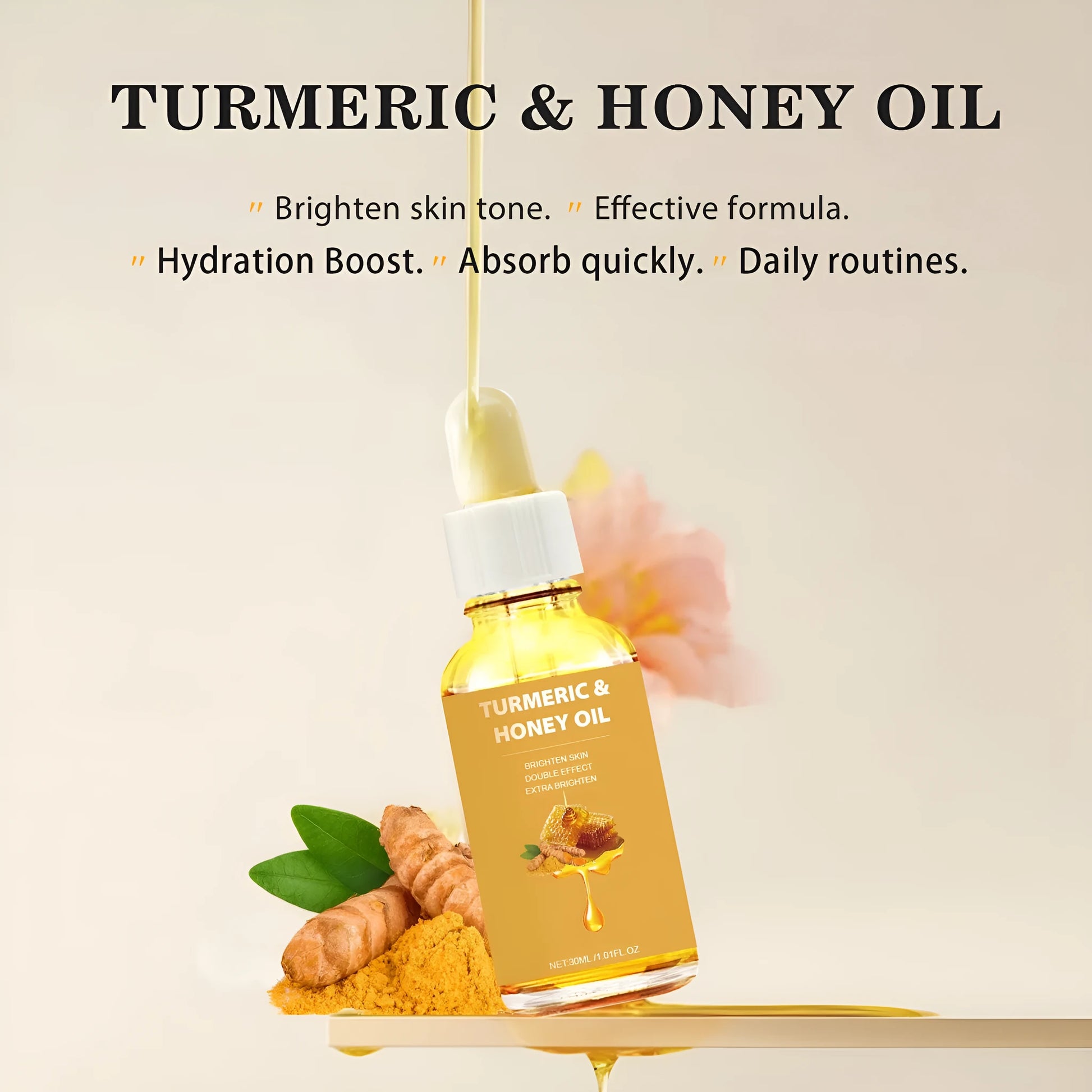30ml glass bottle of Turmeric Honey Essential Oil with neutral white label