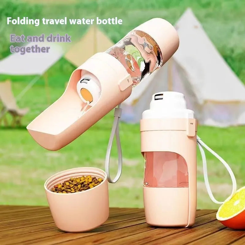 Grey 2-in-1 travel dog water bottle with lanyard showing folding design and 690ml capacity