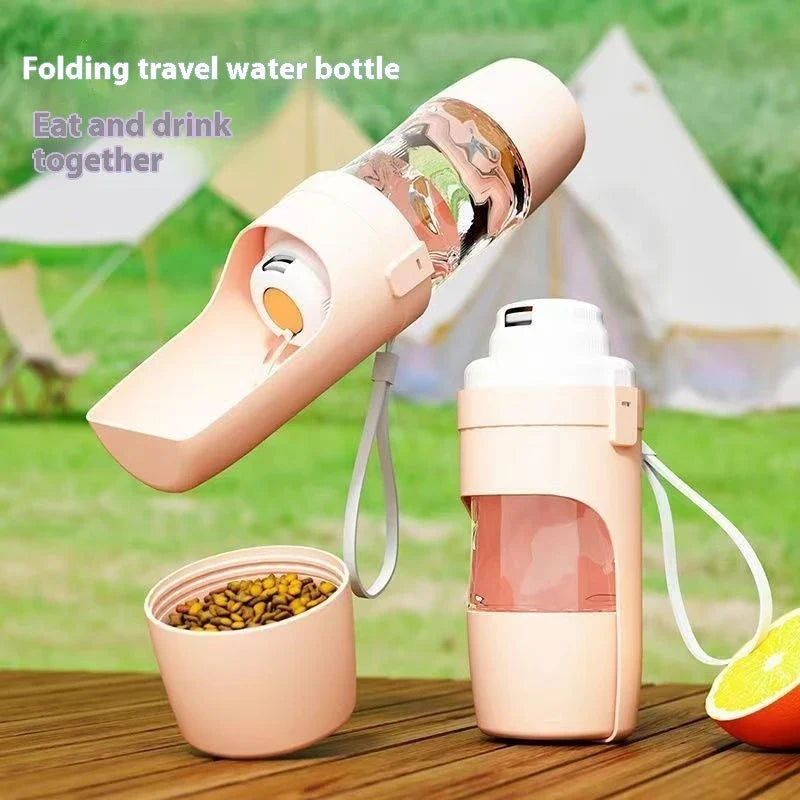 Portable 2-in-1 pet water bottle and feeder in various colors with lanyard for outdoor adventures