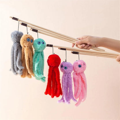 Long stick cat toy with furry octopus attachment and eyes in assorted colours