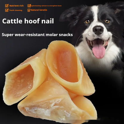 Natural cowhide dog grinding rod with hoof shell colour containing edible cutin, shown in small and large size options