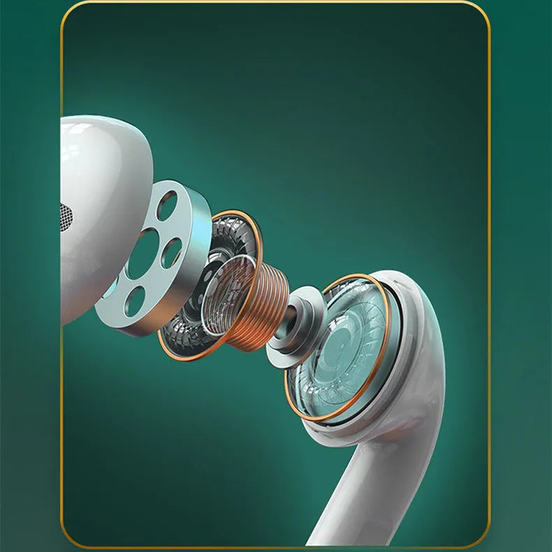 White Wireless Budz5 semi-in-ear Bluetooth headset with charging compartment, showing V5.1 technology and 24-hour battery life