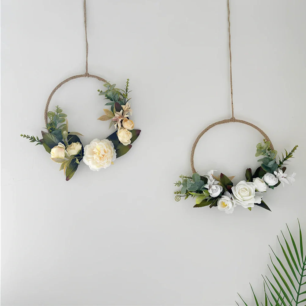 Round cloth rose garland wall decoration with 40cm diameter and floral detailing