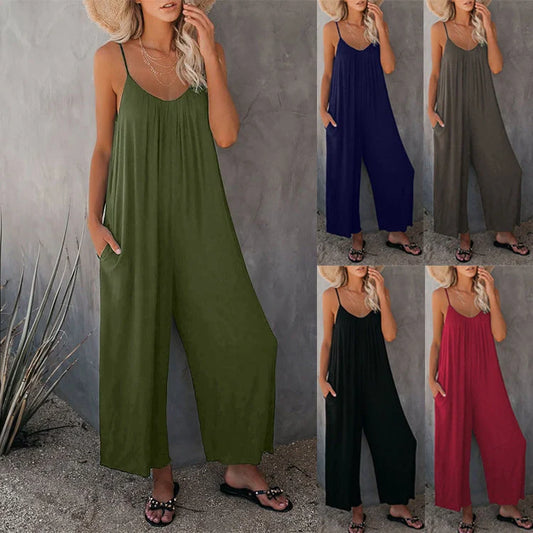 Women's sleeveless cotton blend jumpsuit with pockets in various colors
