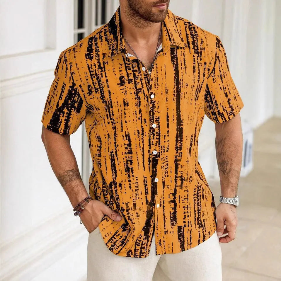 Men's striped short-sleeve shirt in apricot with 3D digital printing and anti-wrinkle fabric