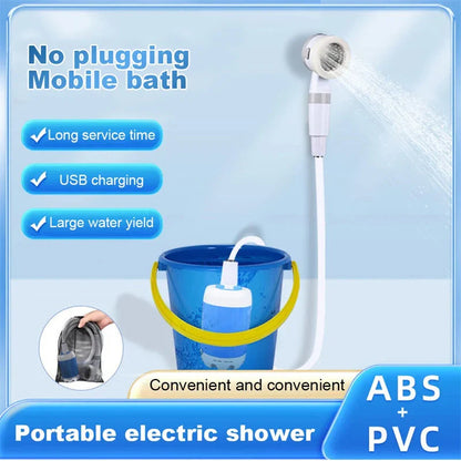 Rechargeable portable outdoor shower with adjustable water flow and spray settings for camping, hiking, and travel