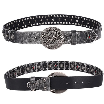 Men's black genuine leather belt with punk rivet details and a silver alloy buckle.