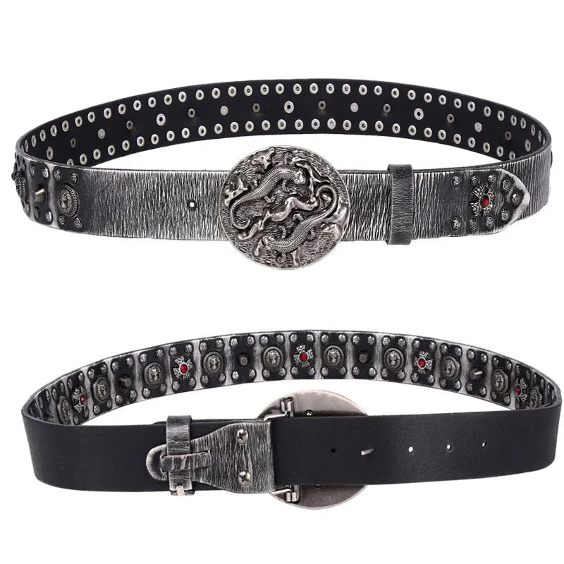 Men's genuine leather belt with punk rivet design and smooth alloy buckle closure, available in multiple retro colours and adjustable lengths from 105cm to 125cm for a personalised fit