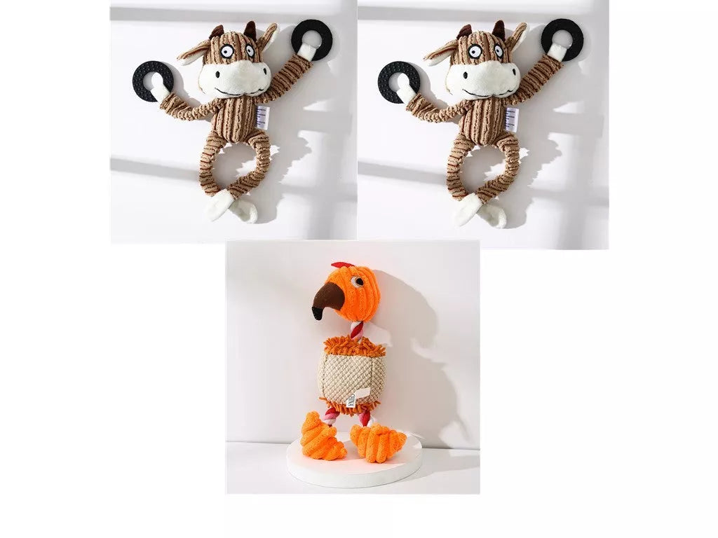 Donkey-shaped corduroy chew toy for dogs with squeaker, available in white, brown, and gray