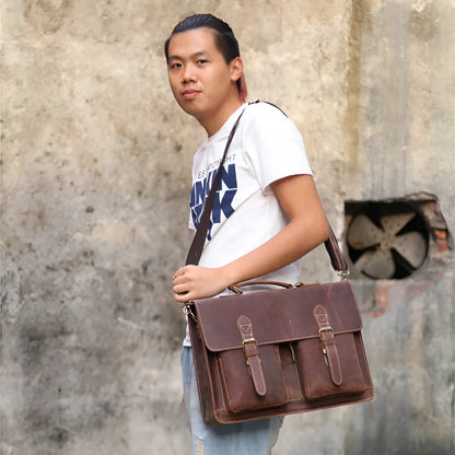 Yellow-brown genuine Crazy Horse leather mens messenger bag with shoulder strap and nylon lining