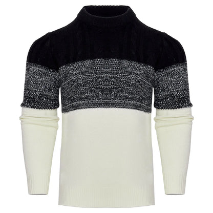Men's color block cable knit acrylic sweater in black, blue, and brown