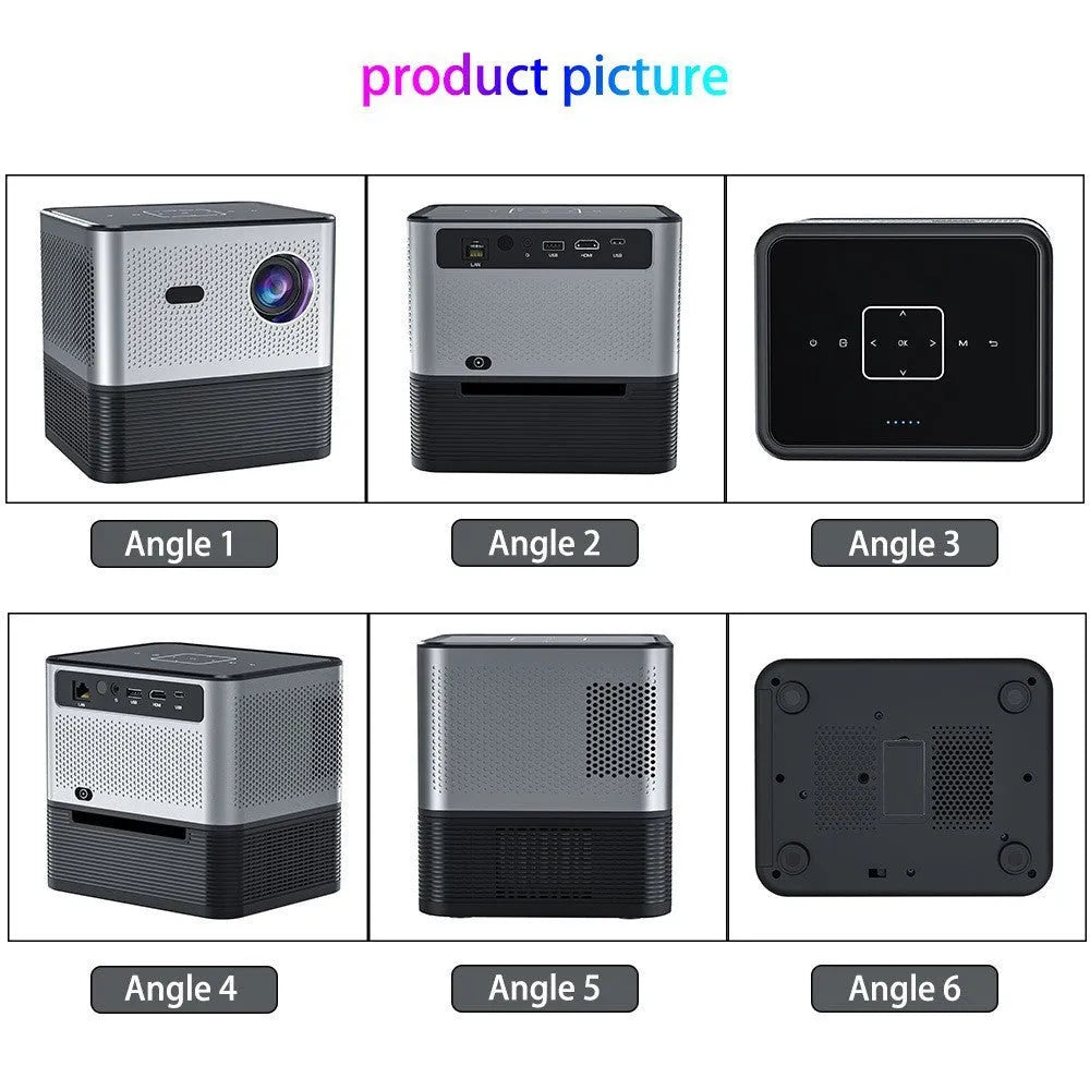 Silver mini projector with 720p resolution, 150 ANSI lumens, electric focus, and UK plug option