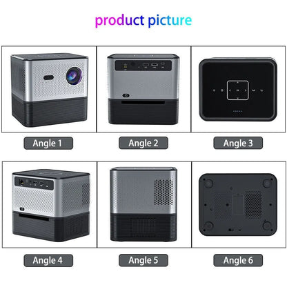 Silver mini projector with 720p resolution, 150 ANSI lumens, electric focus, and UK plug option