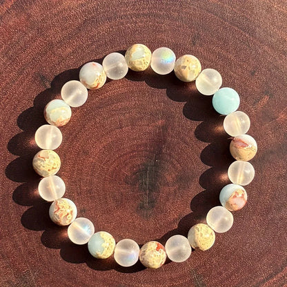 Handmade woven wooden bracelet with mineral blue gemstone and cat's eye stone, 8mm beads, 18mm inner diameter
