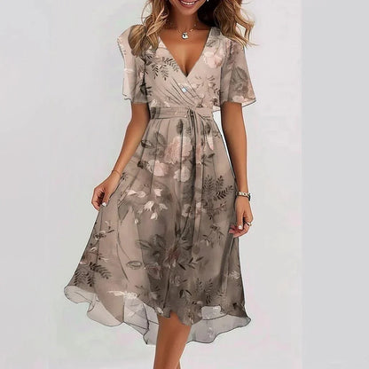 Elegant summer chiffon V-neck dress with floral print, available in multiple colors and sizes.