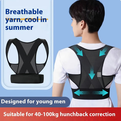 Man wearing a beige adjustable posture correction belt showing the hollow O back design and front straps.