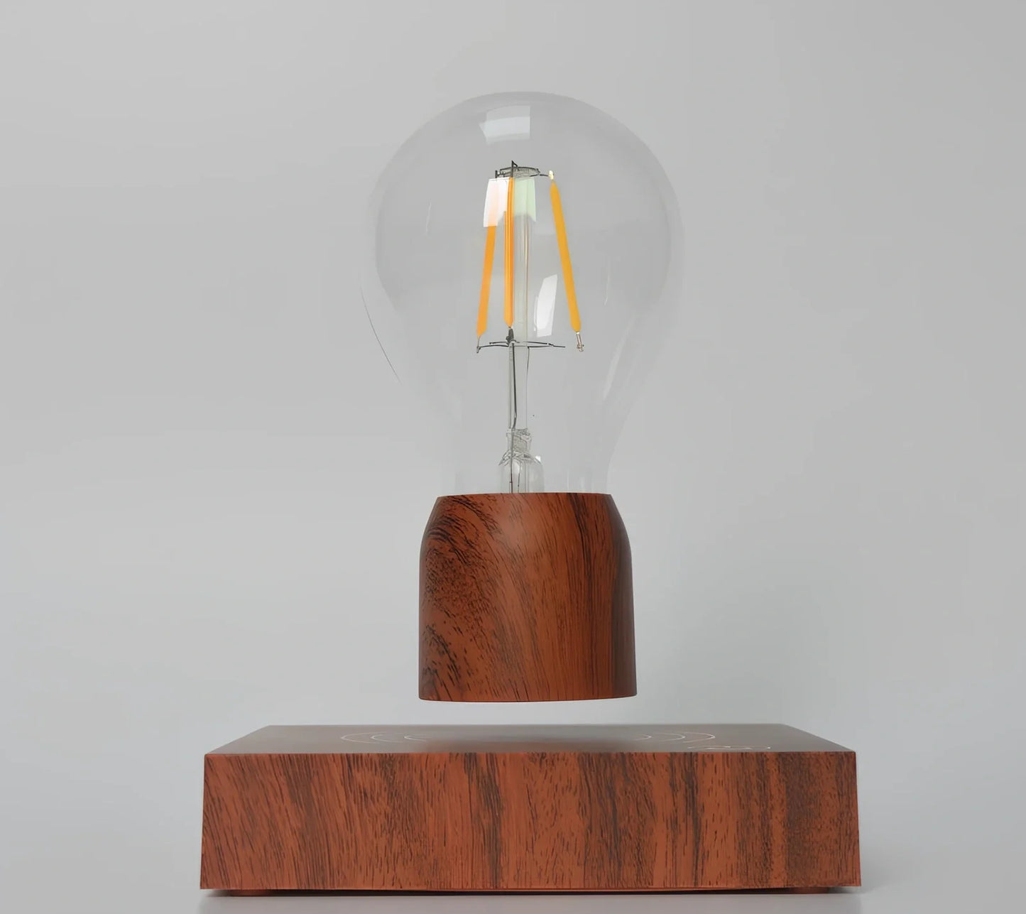 Magnetic levitation bulb floating above imitation wood base with international plug options