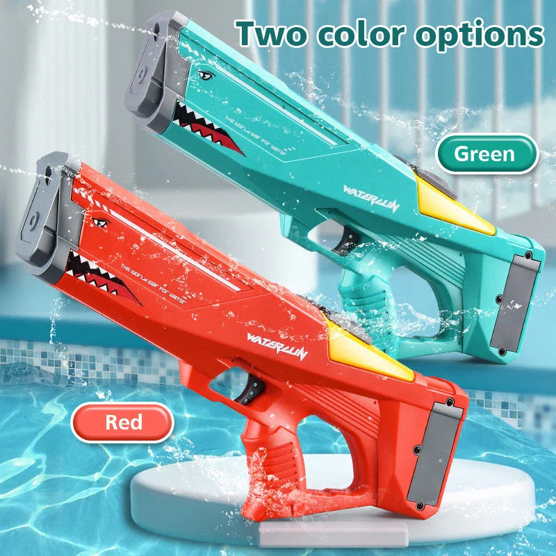 High-powered electric shark-shaped water blaster for outdoor summer fun, pool parties, and water fights
