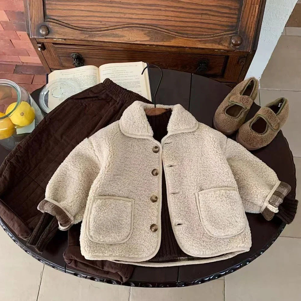 Children's beige one-piece velvet jacket with single-breasted closure showing polyester lining