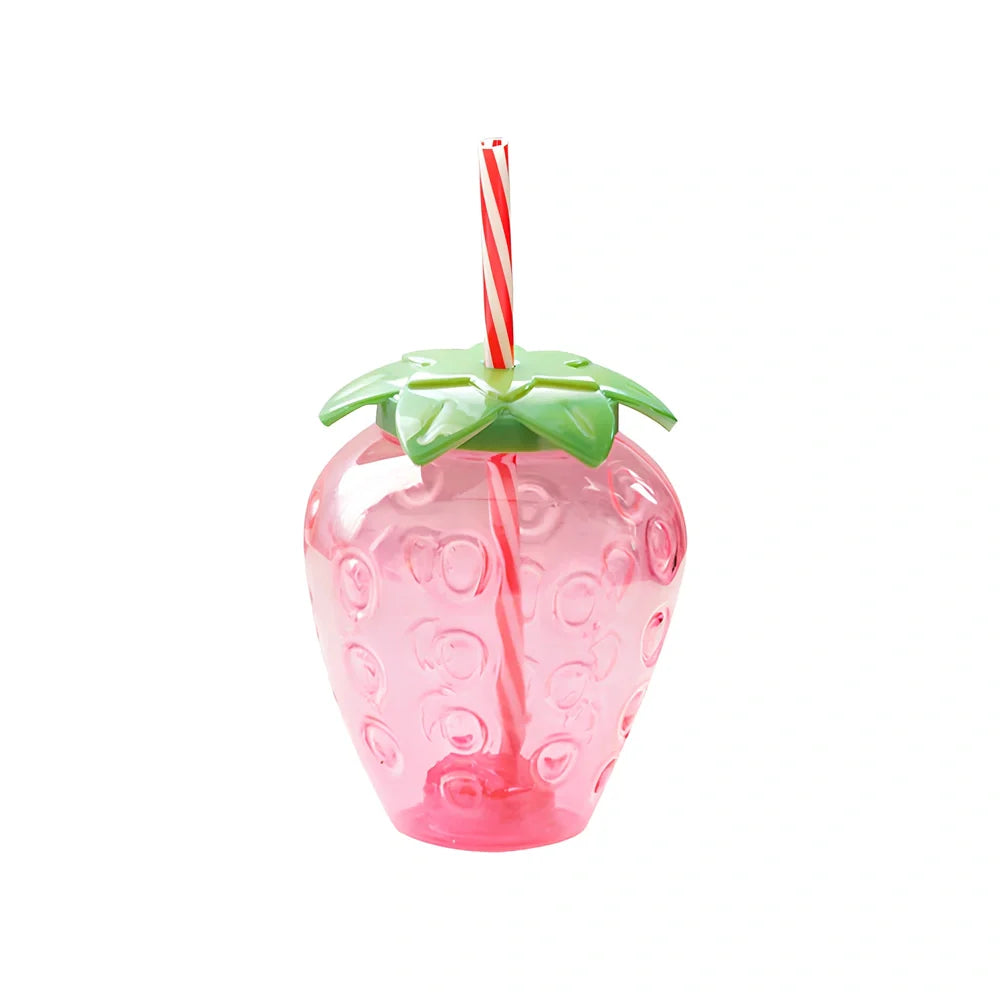 Cute 500ml kawaii strawberry water bottle with integrated straw, BPA-free PP plastic, 12cm tall, red fruit design for cold drinks