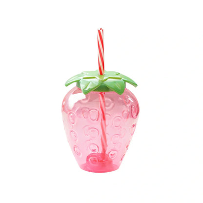 Cute 500ml kawaii strawberry water bottle with integrated straw, BPA-free PP plastic, 12cm tall, red fruit design for cold drinks