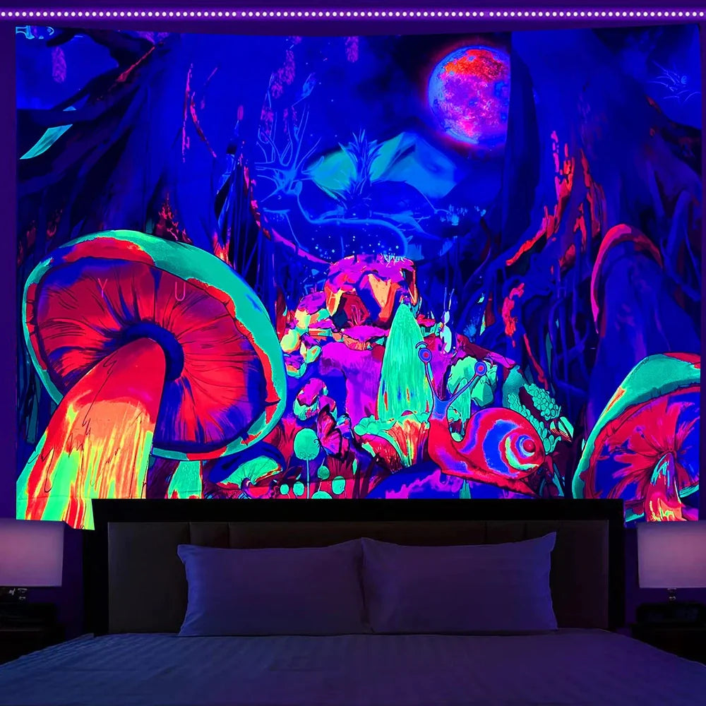 Simple mushroom tree of life fluorescent print polyester tapestry, 150x200cm size hanging on wall with subtle glow