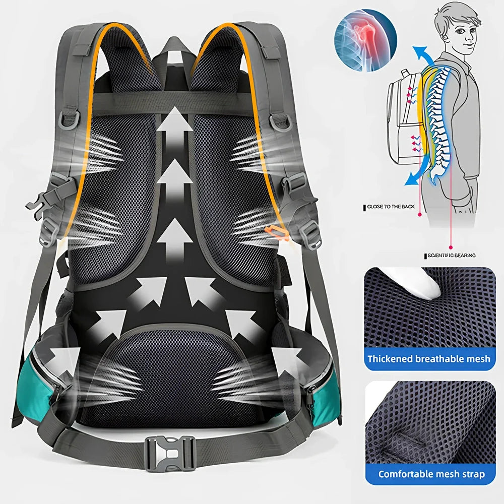 Black 50-litre fishing backpack with multiple compartments and adjustable shoulder straps