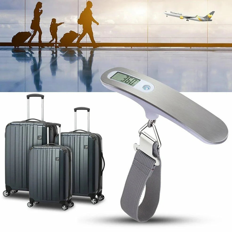 Silver digital luggage scale with LCD display showing weight measurement and integrated hanging belt