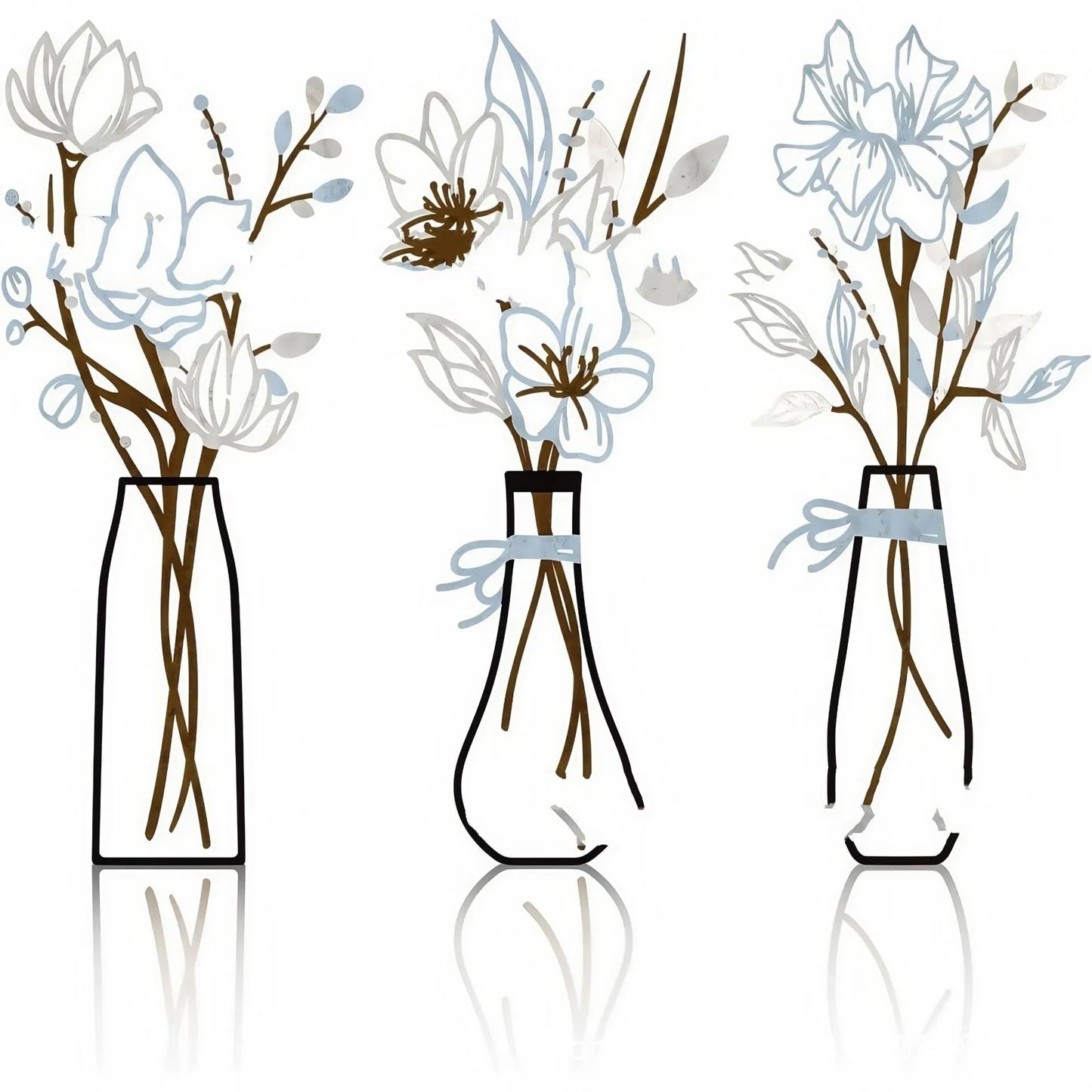 Set of three silver metal flower wall sculptures with adhesive backing, arranged diagonally on a white wall.