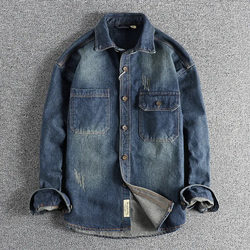 Men's Washed Vintage Denim Shirt in Cotton, Long Sleeve Loose Fit Cardigan Style for Daily Wear, Available in Light Blue and Dark Blue, City Style for Summer Use