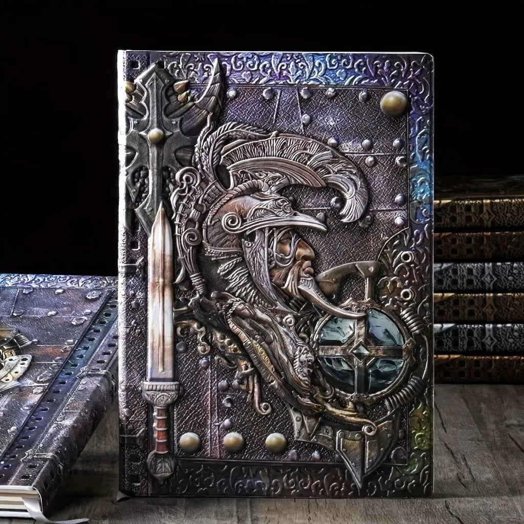 Handmade leather A5 notebook with 3D warriors relief embossing, showing bronze colour and open pages