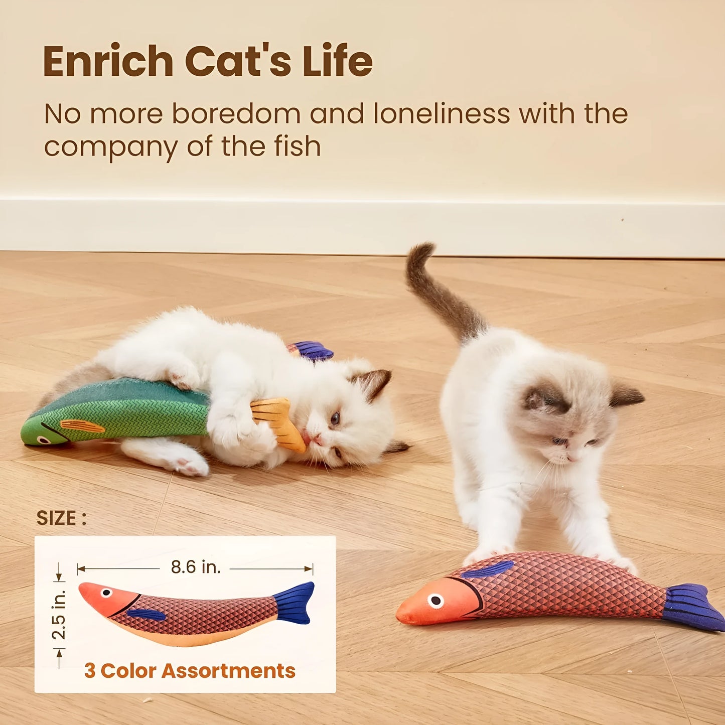 Green saury fish cat toy with crinkle sound and organic catnip, measuring 24x6x4cm