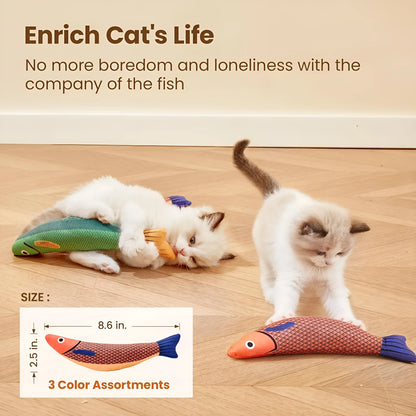 Green saury fish cat toy with crinkle sound and organic catnip, measuring 24x6x4cm