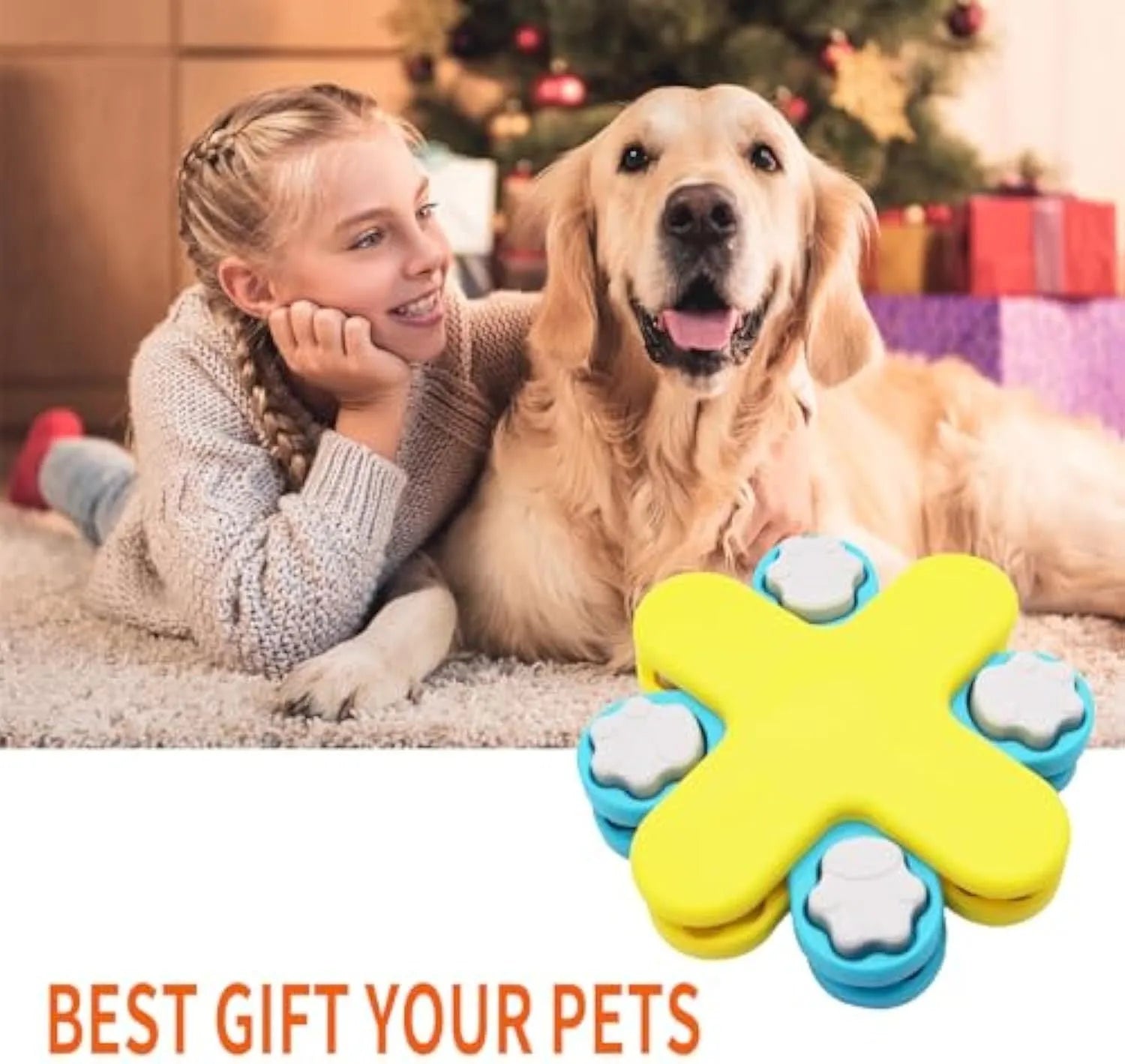 Yellow dog puzzle feeder with rotating lid and non-slip base for slow feeding and IQ training