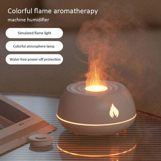 Aromatherapy diffuser with realistic flame-like lighting, color-changing mood lights, and essential oil diffusion capabilities