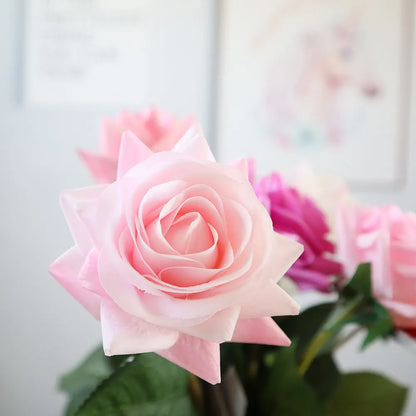 Artificial silk touch rose with fabric petals, approximately 42cm long, in a selection of colours