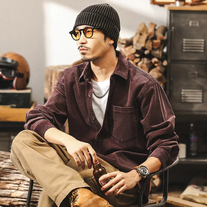 Men's red corduroy shirt jacket with loose fit and long sleeves