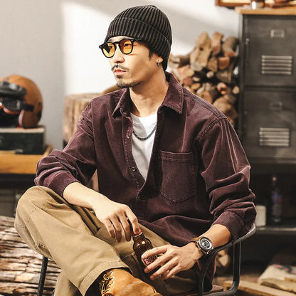 Men's red corduroy shirt jacket with loose fit and long sleeves